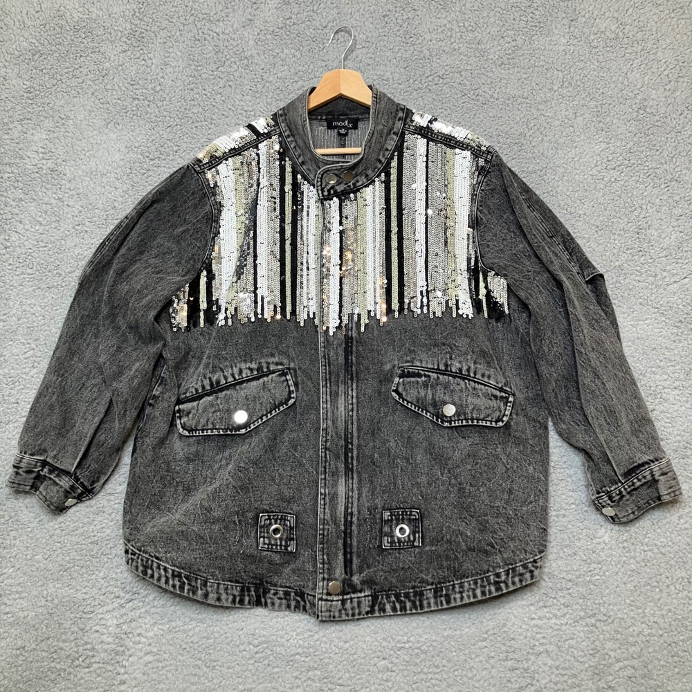 ModX Bomber Jacket Women XL Black Denim Acid Wash Sequins Glam Goth Punk‎ 80s